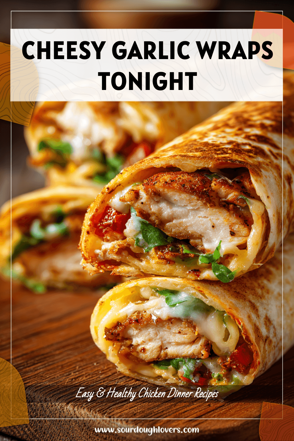 Cheesy garlic chicken wraps served warm with golden tortillas and melty cheese for a quick yummy dinner. 2